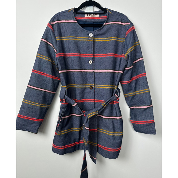 Anthropologie Dolan Left Coast Collection Coat M Striped Blue Cotton Blend Belt - Picture 3 of 9